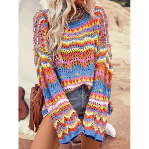 soft knit wavy bell sleeve rainbow vintage style 70s style sweater - Picture 1 of 1